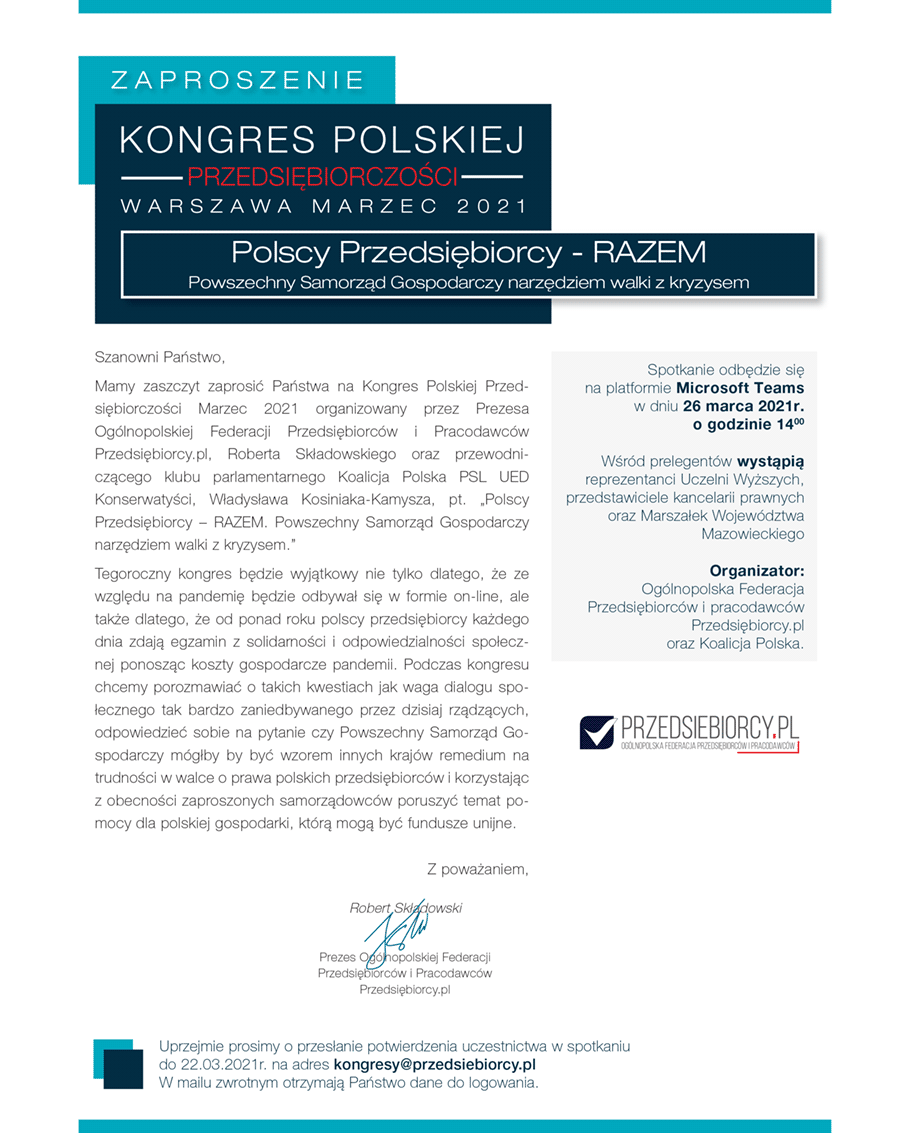 Zaproszenie na Kongres Polska Przedsiębiorczość Marzec2021